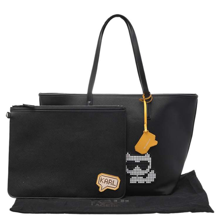 Pre Owned Karl Lagerfeld Black Leather K/Pixel Karl Choupette Shopper Tote
