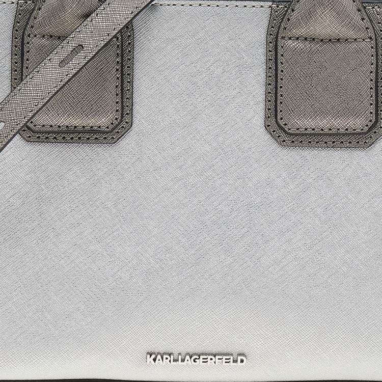 Pre Owned Karl Lagerfeld Metallic Silver/Dark Grey Saffiano Leather Mini K Klassik Tote