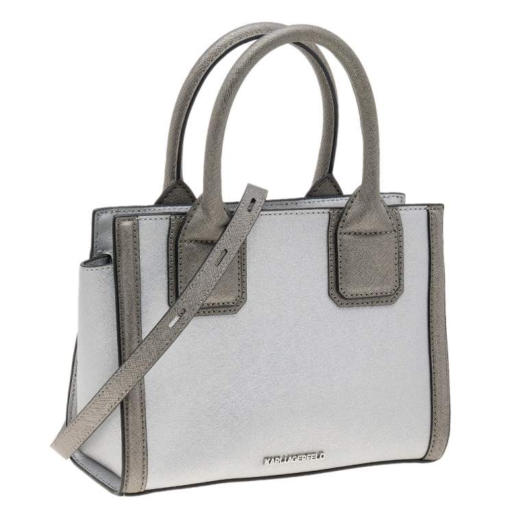 Pre Owned Karl Lagerfeld Metallic Silver/Dark Grey Saffiano Leather Mini K Klassik Tote