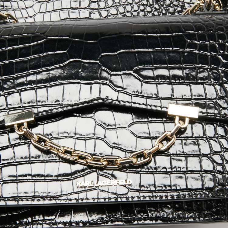 Pre Owned Karl Lagerfeld Black Croc Embossed K/Karl Seven Top Handle Bag