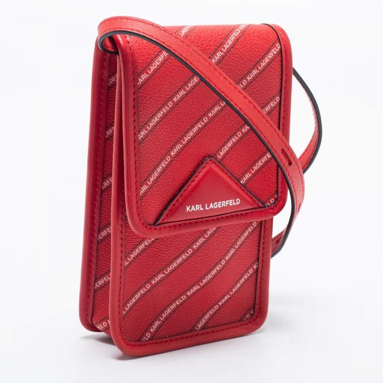 Pre Owned Karl Lagerfeld Red Coated Canvas And Leather Mini K/Stripe Logo Crossbody Bag    