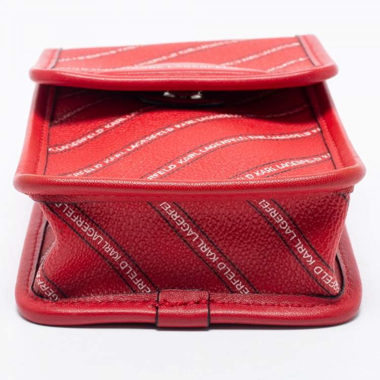 Pre Owned Karl Lagerfeld Red Coated Canvas And Leather Mini K/Stripe Logo Crossbody Bag    