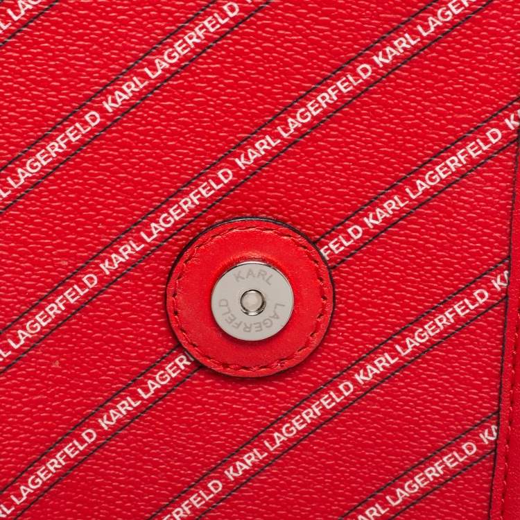 Pre Owned Karl Lagerfeld Red Coated Canvas And Leather Mini K/Stripe Logo Crossbody Bag    