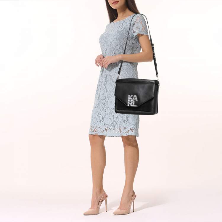 Pre Owned Karl Lagerfeld Black Leather And Suede Logo Top Handle Bag