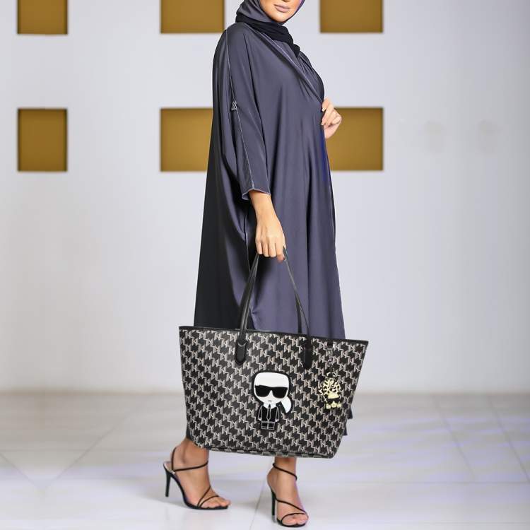 Pre Owned Karl Lagerfeld Black Monogram Coated Canvas and Leather K/Ikonik Tote
