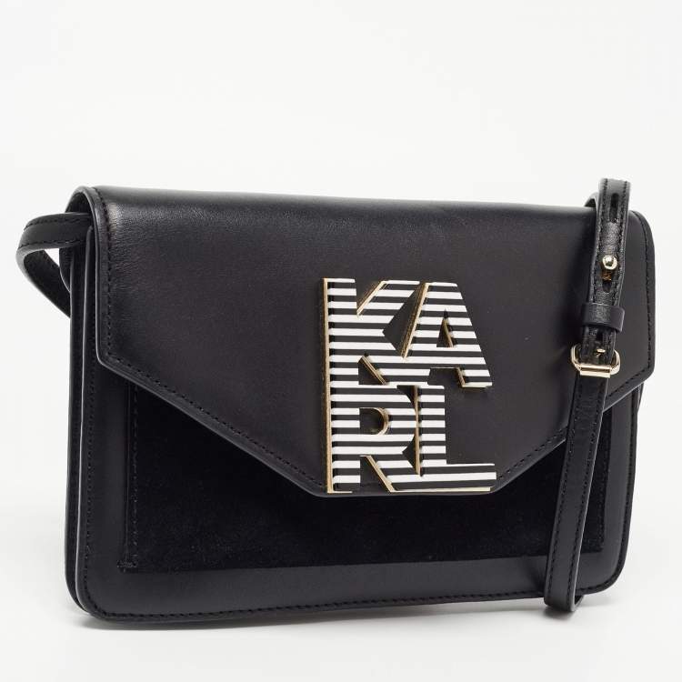 Pre Owned Karl Lagerfeld Black Leather Logo Envelope Flap Shoulder Bag