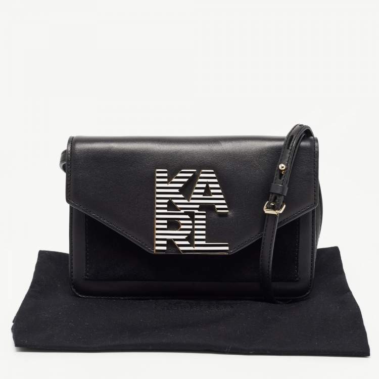 Pre Owned Karl Lagerfeld Black Leather Logo Envelope Flap Shoulder Bag