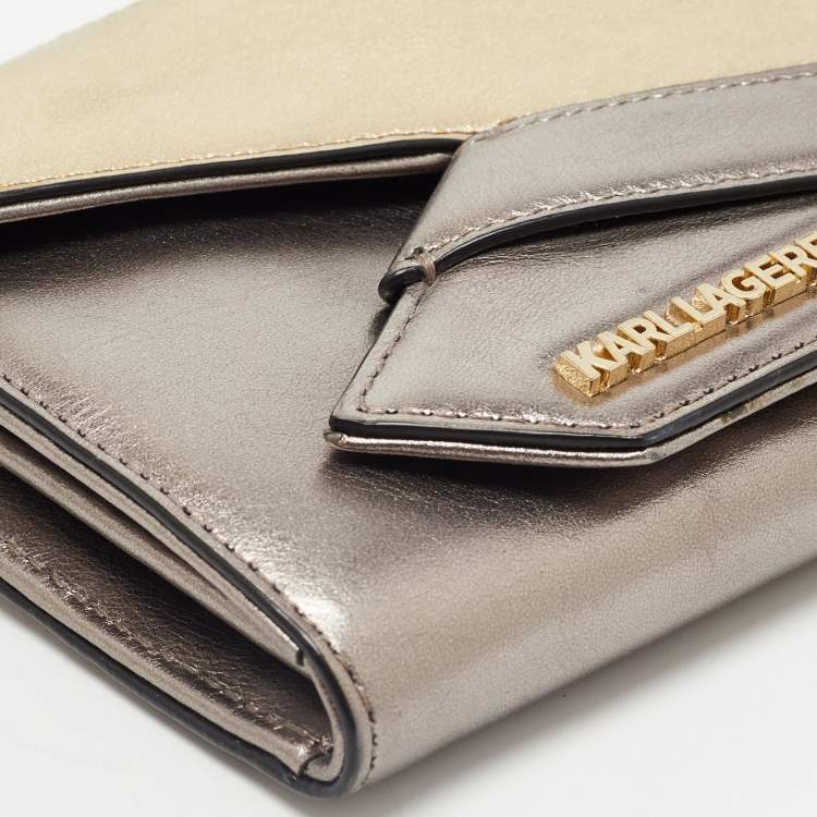 Pre Owned Karl Lagerfeld Metallic/Gold Glossy Leather and Suede K/Thunder Continental Wallet