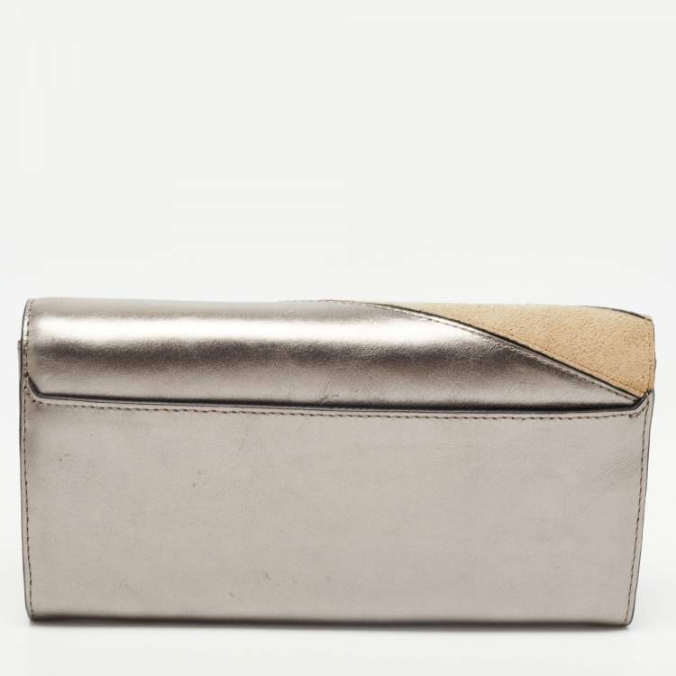 Pre Owned Karl Lagerfeld Metallic/Gold Glossy Leather and Suede K/Thunder Continental Wallet