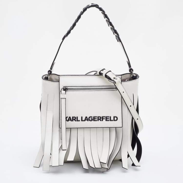 Pre Owned Karl Lagerfeld White/Black Faux Leather K/Fringe Hobo