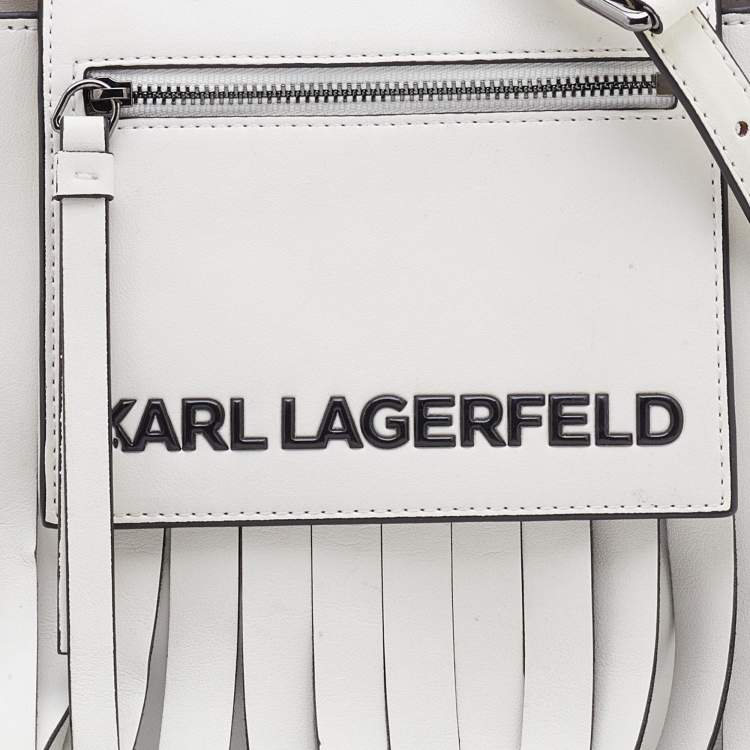 Pre Owned Karl Lagerfeld White/Black Faux Leather K/Fringe Hobo