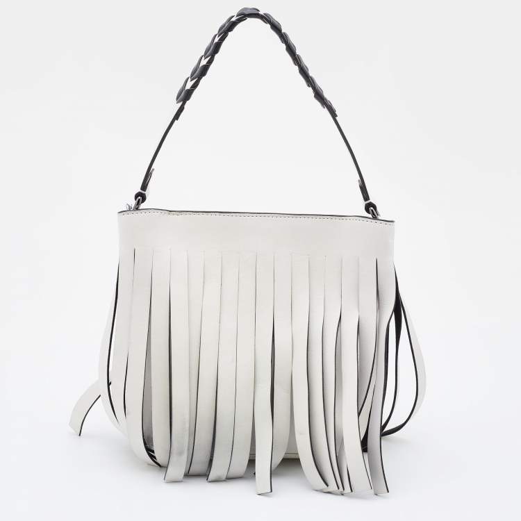 Pre Owned Karl Lagerfeld White/Black Faux Leather K/Fringe Hobo