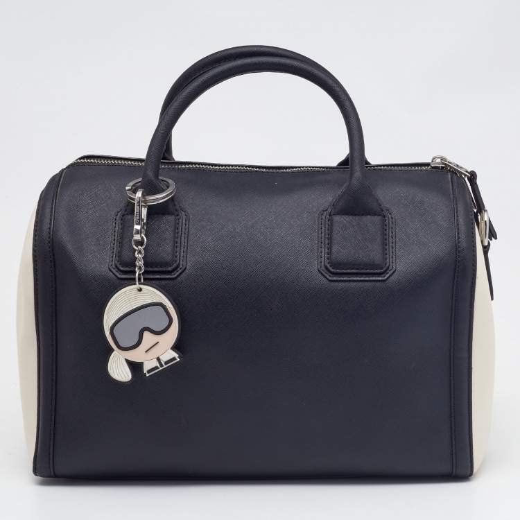Pre Owned Karl Lagerfeld  Black/White Saffiano Leather Logo Boston Bag