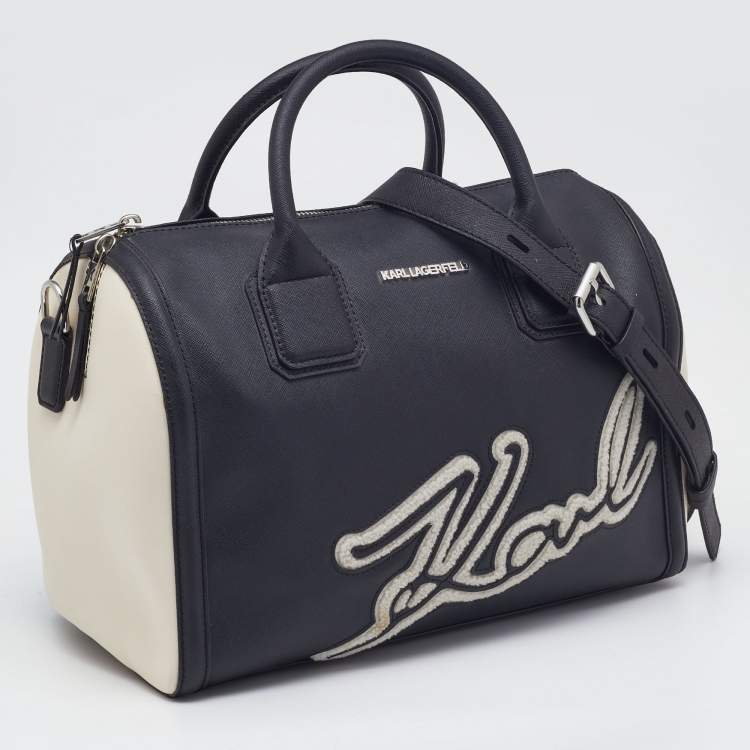 Pre Owned Karl Lagerfeld  Black/White Saffiano Leather Logo Boston Bag