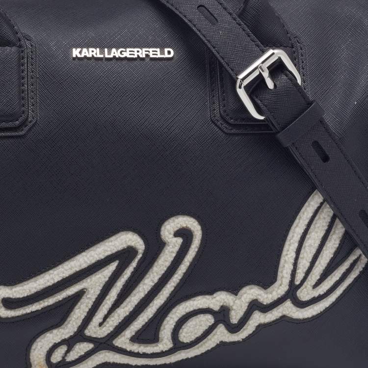 Pre Owned Karl Lagerfeld  Black/White Saffiano Leather Logo Boston Bag