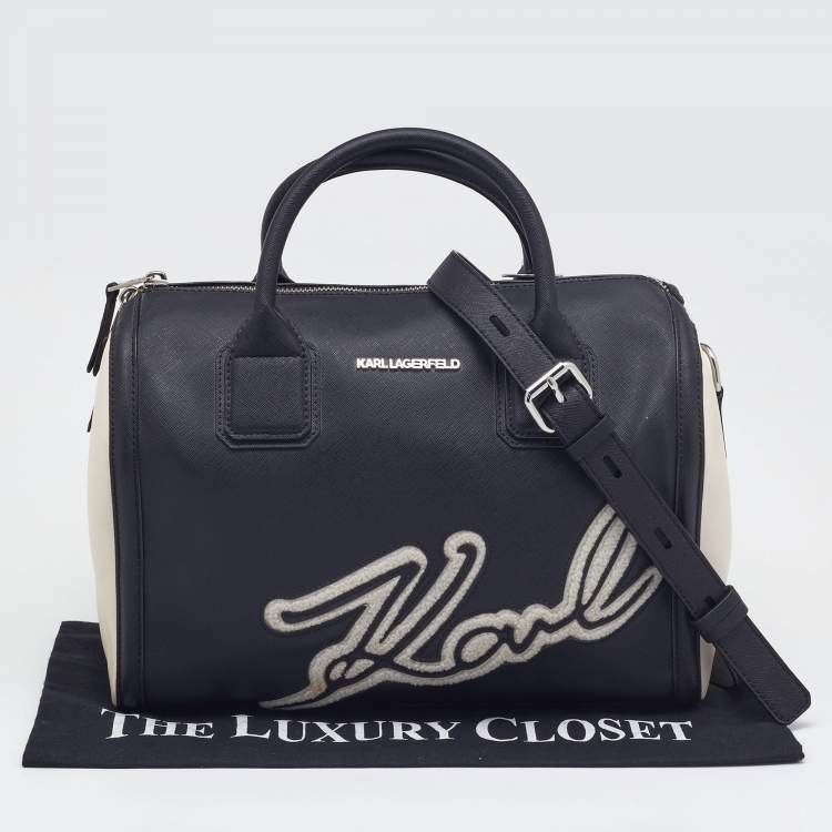 Pre Owned Karl Lagerfeld  Black/White Saffiano Leather Logo Boston Bag