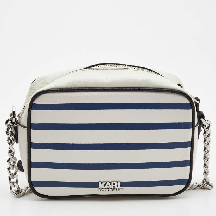 Pre Owned Karl Lagerfeld White/Blue Striped Captain Karl Crossbody Bag