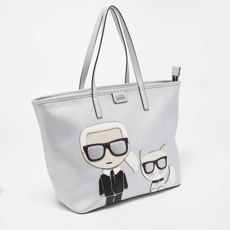 Pre Owned Karl Lagerfeld Silver Leather K/Ikonic Karl Choupette Shopper Tote