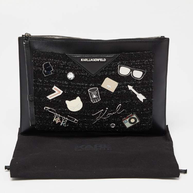 Pre Owned Karl Lagerfeld Black Leather Leather and Tweed K/Klassik Pins Wristlet Pouch
