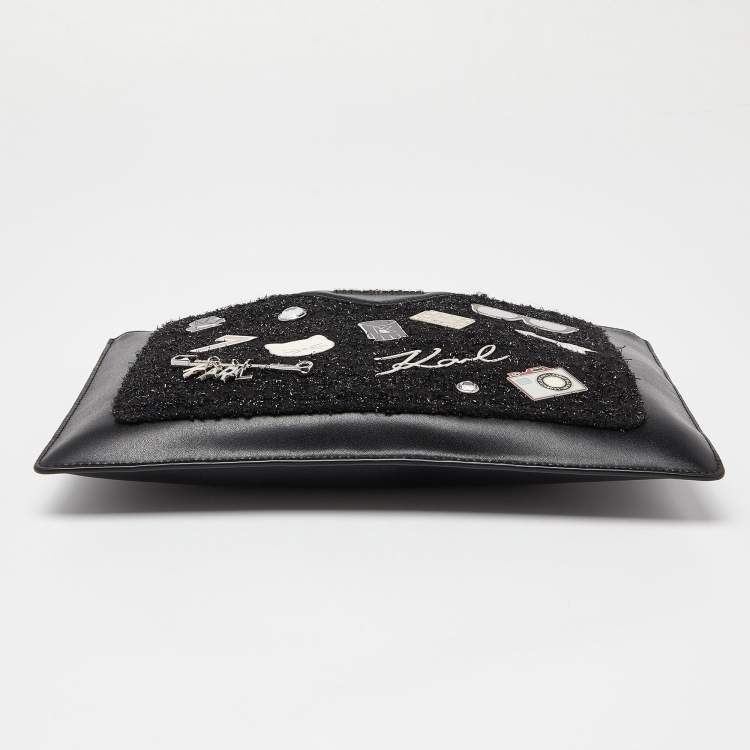 Pre Owned Karl Lagerfeld Black Leather Leather and Tweed K/Klassik Pins Wristlet Pouch