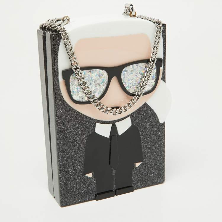 Pre Owned Karl Lagerfeld  Grey Glitter Acrylic K/ikonik Karl Minaudière Crossbody Bag