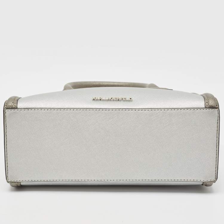 Pre Owned Karl Lagerfeld Metallic Silver/Dark Grey Saffiano Leather Mini K Klassik Tote
