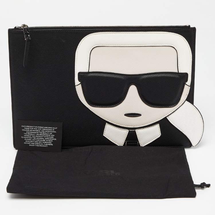 مملوكة مسبقًا Karl Lagerfeld Black/White Leather K/Ikonik Zip Pouch