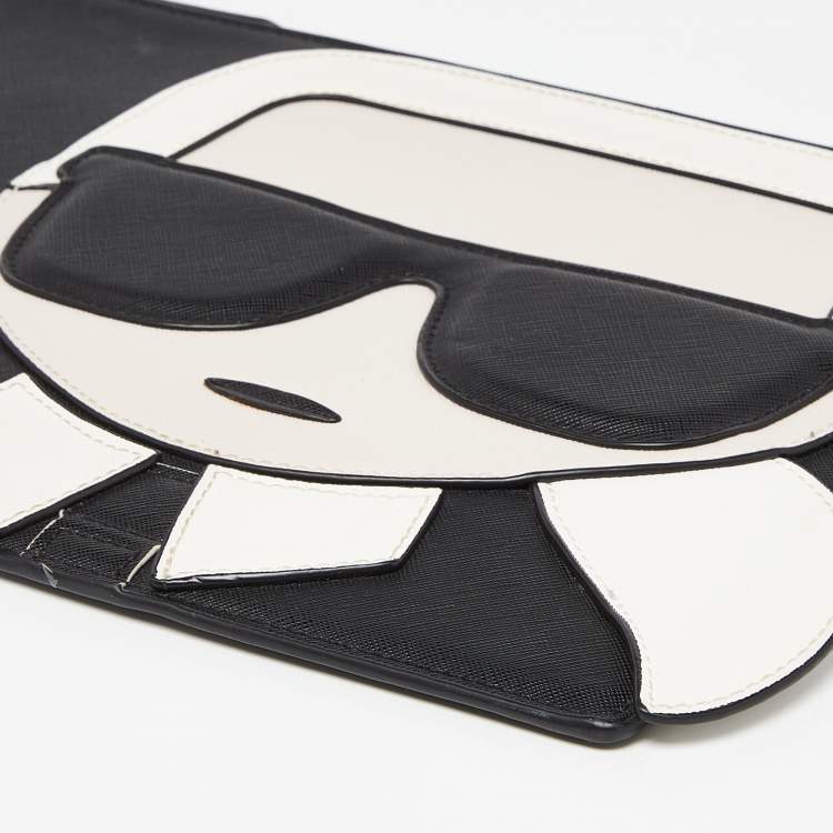 مملوكة مسبقًا Karl Lagerfeld Black/White Leather K/Ikonik Zip Pouch