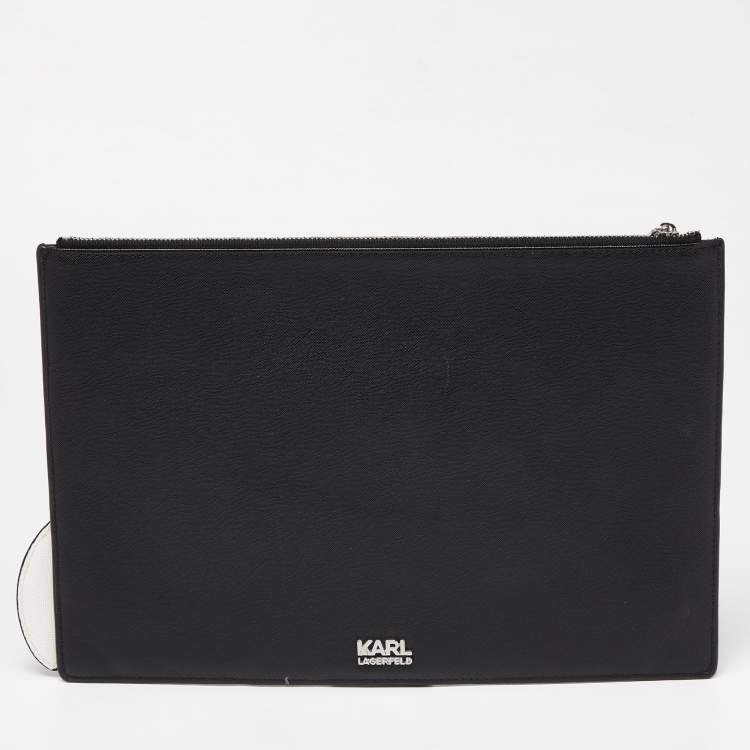 مملوكة مسبقًا Karl Lagerfeld Black/White Leather K/Ikonik Zip Pouch