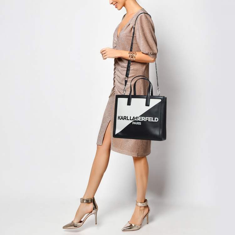 Pre Owned Karl Lagerfeld Black/White Faux Leather Nouveau Tote