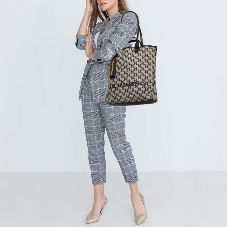 Pre Owned Karl Lagerfeld Black/Grey Jacquard Canvas and Leather K/Monogram Tote