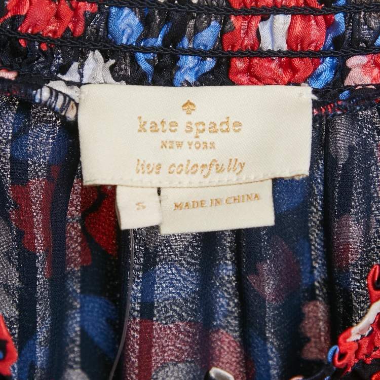 Pre Owned Kate Spade Blue Floral Print Silk Ruffled Top S