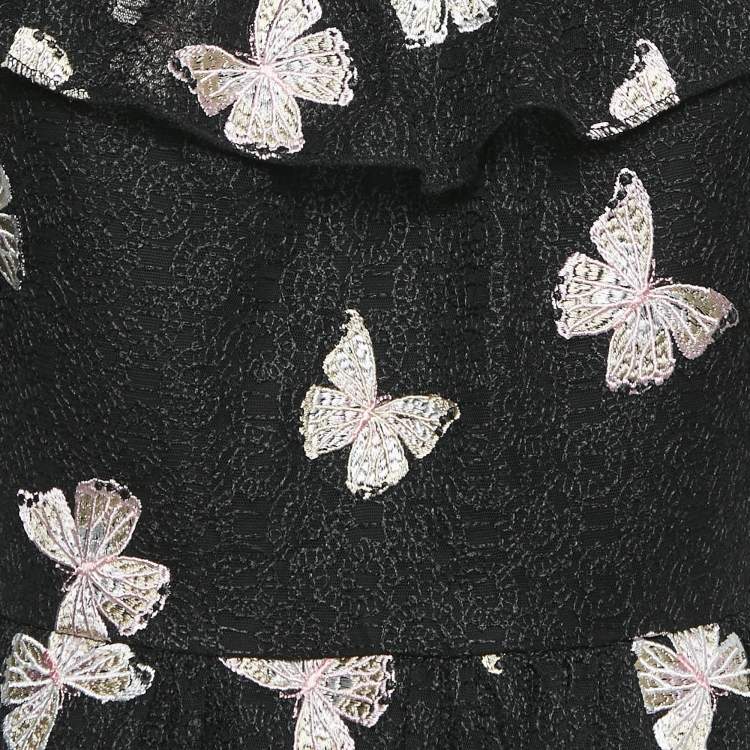 Pre Owned Kate Spade Black Butterfly Embroidery Lace Ruffled Short Dress M