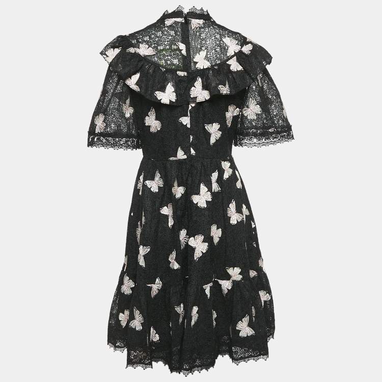 Pre Owned Kate Spade Black Butterfly Embroidery Lace Ruffled Short Dress M