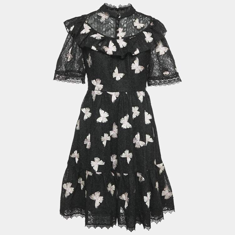 Pre Owned Kate Spade Black Butterfly Embroidery Lace Ruffled Short Dress M
