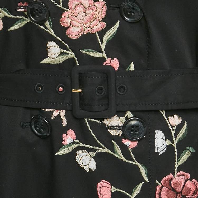 Pre Owned Kate Spade Black Floral Embroidery Gabardine Belted Trench Coat M