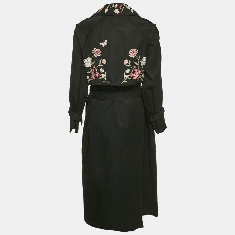 Pre Owned Kate Spade Black Floral Embroidery Gabardine Belted Trench Coat M