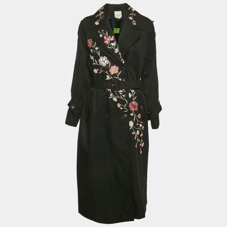 Pre Owned Kate Spade Black Floral Embroidery Gabardine Belted Trench Coat M