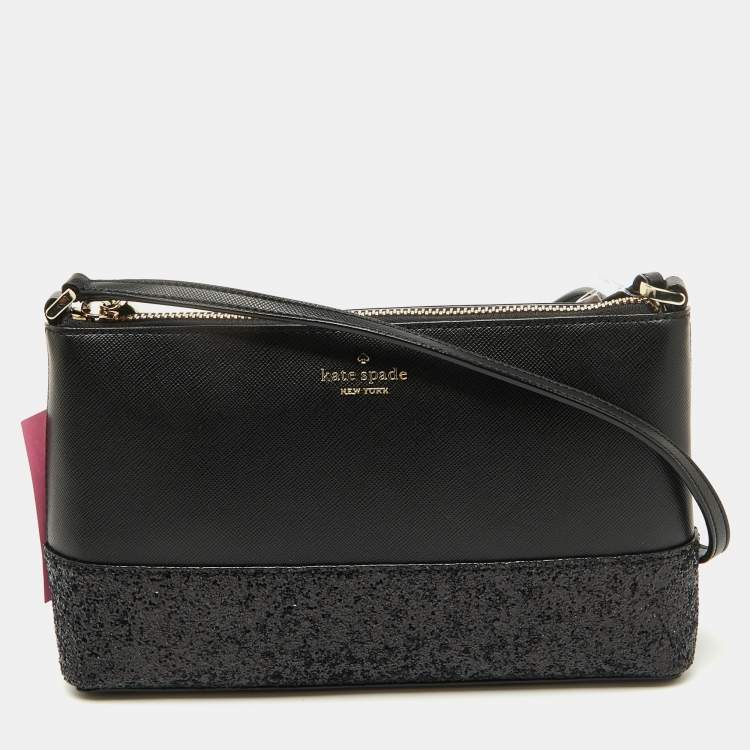 Pre Owned Kate Spade Black Glitter and Leather Ramey Greta Court Crossbody Bag