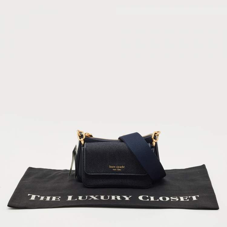 Pre Owned Kate Spade Navy Blue Denim and Saffiano Leather Double Up Crossbody Bag