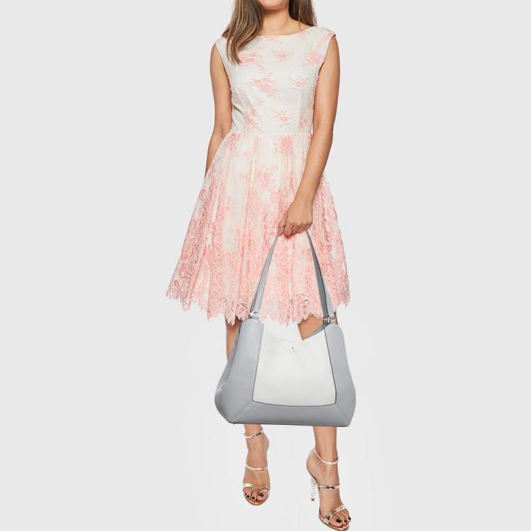 Pre Owned Kate Spade Lena Triple Compartment Grey/White Leather Shoulder Bag