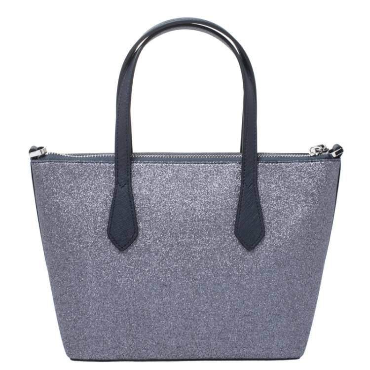Pre Owned Kate Spade Sliver/Blue Glitter Leather Joeyley Tote