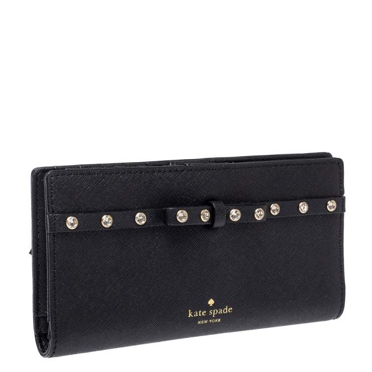 Pre Owned Kate Spade Black Leather Crystal Studded Wallet