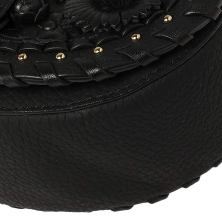 Pre Owned Kate Spade Black Floral Applique Leather Madison Layden Top Handle Bag
