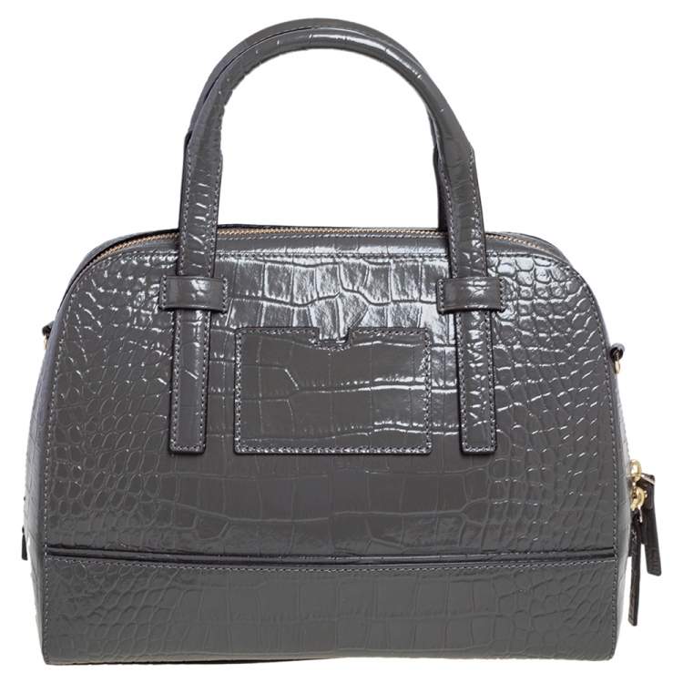 Pre Owned Kate Spade Glossy Dark Grey Croc Embossed Leather Riverside Street Felix Satchel