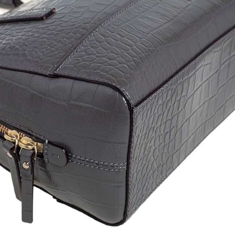 Pre Owned Kate Spade Glossy Dark Grey Croc Embossed Leather Riverside Street Felix Satchel
