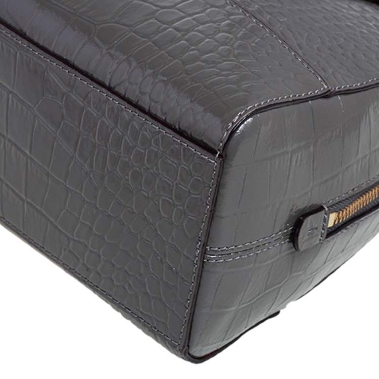 Pre Owned Kate Spade Glossy Dark Grey Croc Embossed Leather Riverside Street Felix Satchel