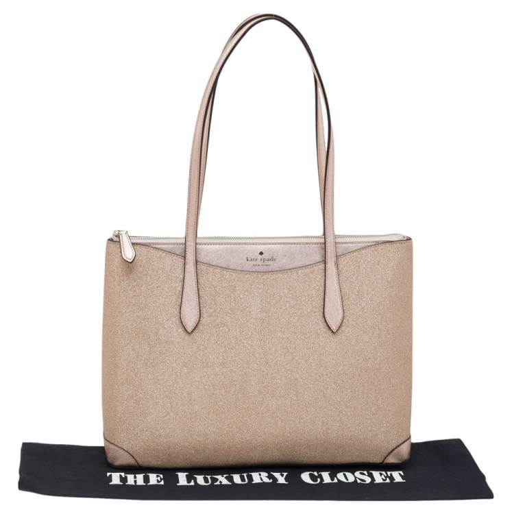 Pre Owned Kate Spade Metallic Rose Gold Leather And Shimmy Glitter Top Zip Tote