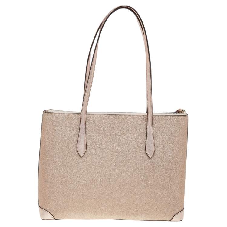 Pre Owned Kate Spade Metallic Rose Gold Leather And Shimmy Glitter Top Zip Tote