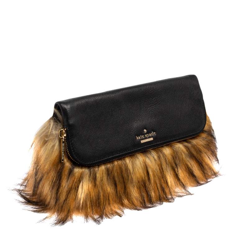 Pre Owned Kate Spade Black/Brown Leather and Faux Fur Clutch